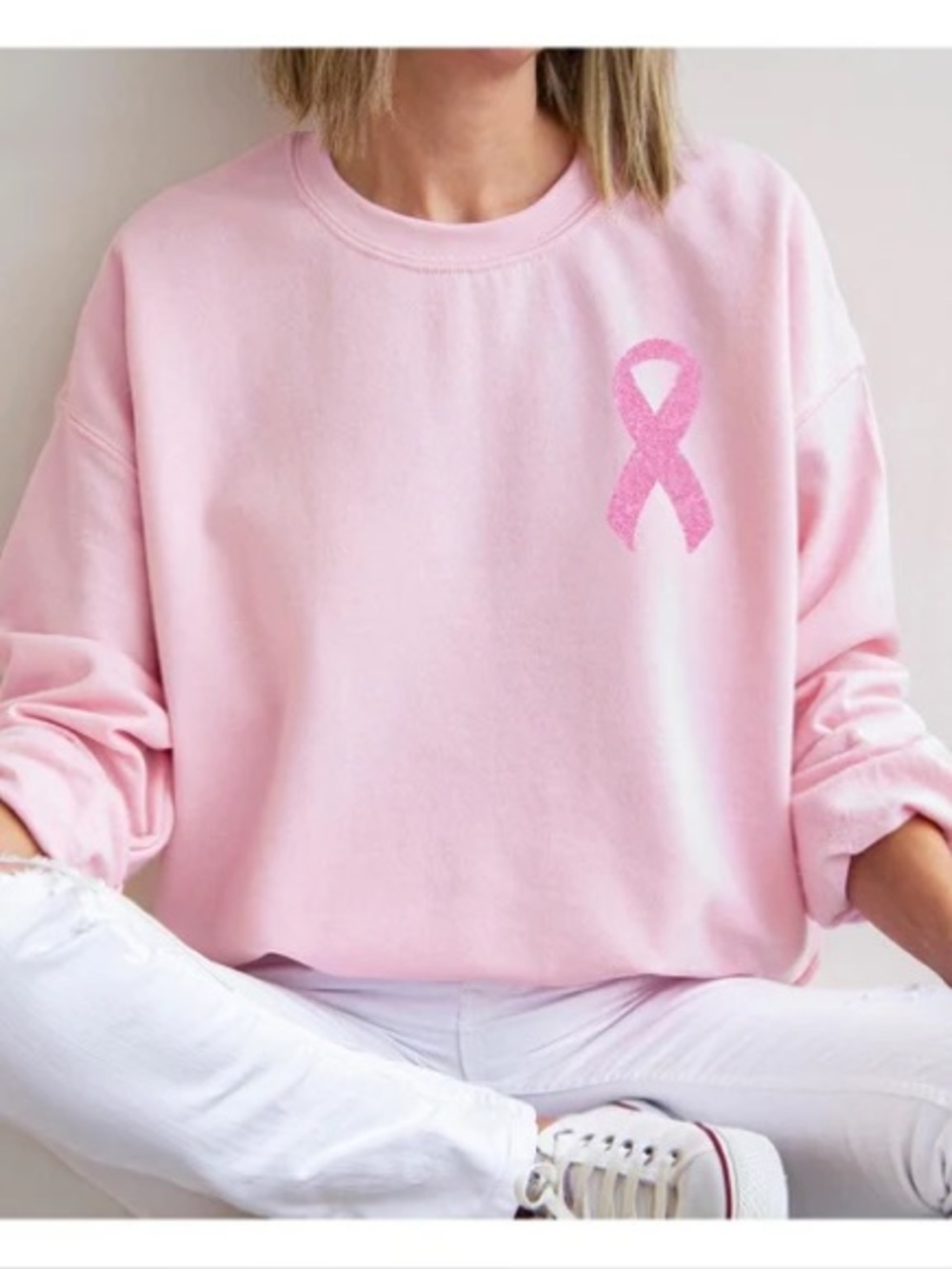 NEW Comfort Colors Long Sleeve Tee Pink Glitter Ribbon Breast Cancer Awareness